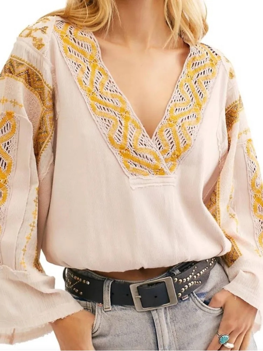 NWT Free People Cross Country Cotton V-Neck Embroidered Lace Top in Salt Small